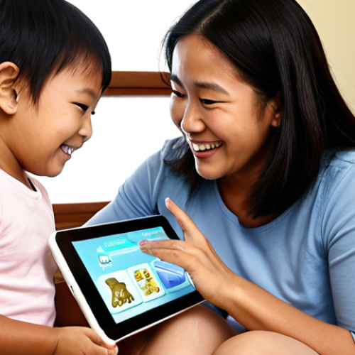Home 13 **Prompt:** A warm, inviting indoor scene where a Malaysian mother and her young child (around 5-7 years old) are collaboratively engaged with an educational app on a tablet. The child points excitedly at the screen, showing active learning (e.g., about animals or science), while the mother smiles, guiding and interacting with the child. The atmosphere conveys focused learning and bonding, with soft, natural light illuminating the scene. The tablet is held or placed in a way that suggests shared viewing and purposeful use.