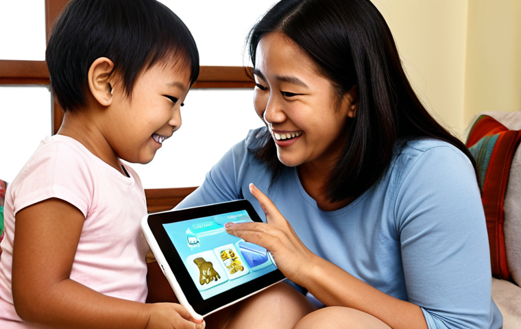 **Prompt:** A warm, inviting indoor scene where a Malaysian mother and her young child (around 5-7 years old) are collaboratively engaged with an educational app on a tablet. The child points excitedly at the screen, showing active learning (e.g., about animals or science), while the mother smiles, guiding and interacting with the child. The atmosphere conveys focused learning and bonding, with soft, natural light illuminating the scene. The tablet is held or placed in a way that suggests shared viewing and purposeful use.