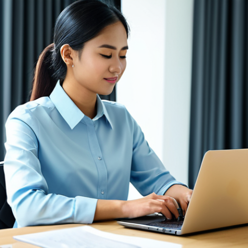 Home 8 A professional individual in modest business attire, sitting calmly at a clean, minimalist desk in a well-lit modern home office in Kuala Lumpur. They are deeply focused on a laptop screen, with well-formed hands resting naturally on the keyboard. Subtle, soft-focus blurs of typical digital notifications (e.g., a blurred phone screen, abstract light patterns) appear around the periphery of the frame, representing managed distractions. The scene exudes a sense of calm productivity. High-resolution, professional photography, natural pose, perfect anatomy, correct proportions, proper finger count, natural body proportions, fully clothed, appropriate content, safe for work, professional, modest, family-friendly.