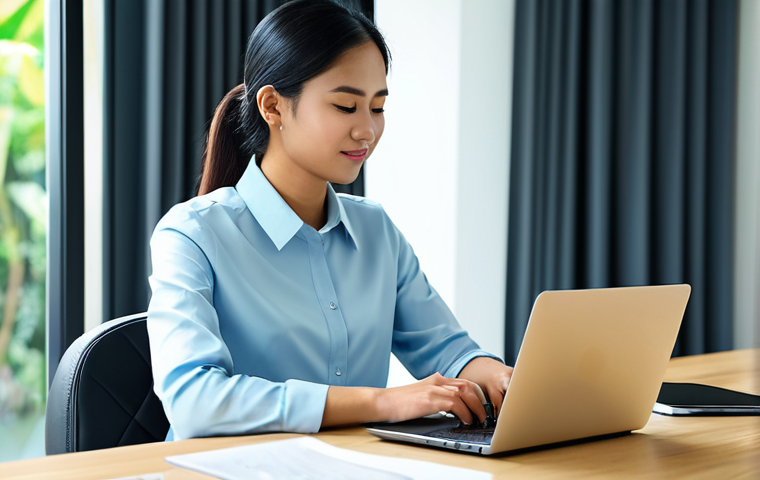 A professional individual in modest business attire, sitting calmly at a clean, minimalist desk in a well-lit modern home office in Kuala Lumpur. They are deeply focused on a laptop screen, with well-formed hands resting naturally on the keyboard. Subtle, soft-focus blurs of typical digital notifications (e.g., a blurred phone screen, abstract light patterns) appear around the periphery of the frame, representing managed distractions. The scene exudes a sense of calm productivity. High-resolution, professional photography, natural pose, perfect anatomy, correct proportions, proper finger count, natural body proportions, fully clothed, appropriate content, safe for work, professional, modest, family-friendly.