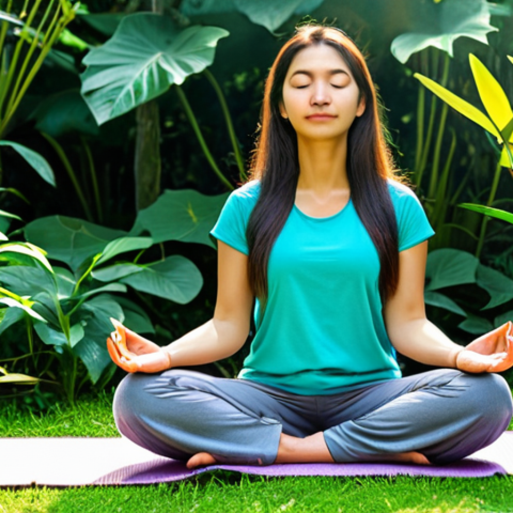 **

"A woman in comfortable, modest clothing, perhaps yoga pants and a loose t-shirt, sitting peacefully in a garden filled with lush green plants and colorful Malaysian flowers. She is practicing mindfulness meditation.  Sunlight filters through the leaves. Perfect anatomy, correct proportions, natural pose, well-formed hands, proper finger count, natural body proportions, soft lighting, serene expression, fully clothed, appropriate content, safe for work, family-friendly, professional photography."

**