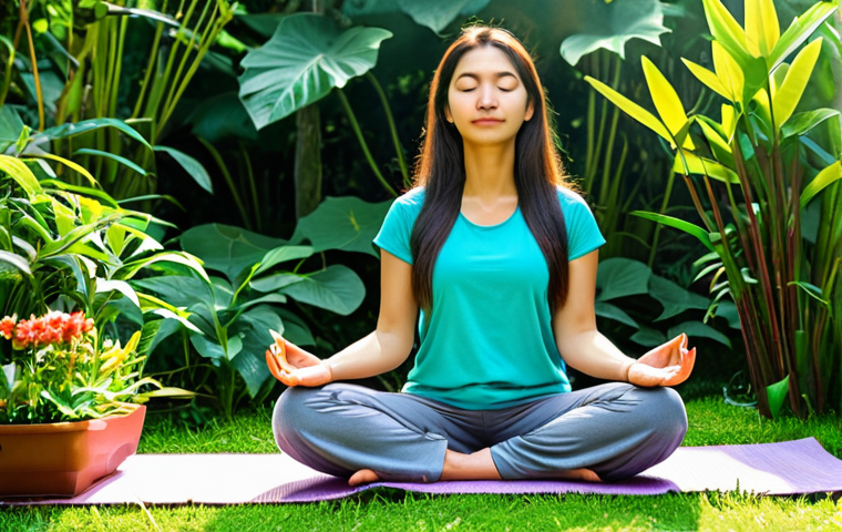 **
"A woman in comfortable, modest clothing, perhaps yoga pants and a loose t-shirt, sitting peacefully in a garden filled with lush green plants and colorful Malaysian flowers. She is practicing mindfulness meditation. Sunlight filters through the leaves. Perfect anatomy, correct proportions, natural pose, well-formed hands, proper finger count, natural body proportions, soft lighting, serene expression, fully clothed, appropriate content, safe for work, family-friendly, professional photography."
**