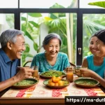 Home 15 디지털 주의력 관리와 정보 소비 습관 - A modern Malaysian home dining room scene showing a diverse family of four enjoying a meal together,...