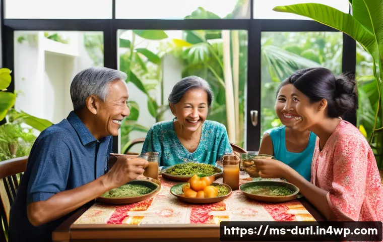 디지털 주의력 관리와 정보 소비 습관 - A modern Malaysian home dining room scene showing a diverse family of four enjoying a meal together,...