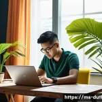 Home 14 디지털 주의력 관리의 장단점 - A modern Malaysian home office scene showing a young Malay man focusing intently on his laptop, with...