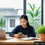 Home 19 디지털 주의력 관리와 감정 조절 - A young Malay woman in casual modern attire sitting at a wooden desk in a cozy, well-lit room with a...