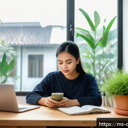Home 13 디지털 주의력 관리와 감정 조절 - A young Malay woman in casual modern attire sitting at a wooden desk in a cozy, well-lit room with a...