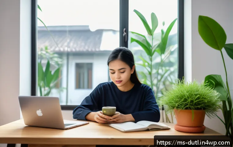디지털 주의력 관리와 감정 조절 - A young Malay woman in casual modern attire sitting at a wooden desk in a cozy, well-lit room with a...
